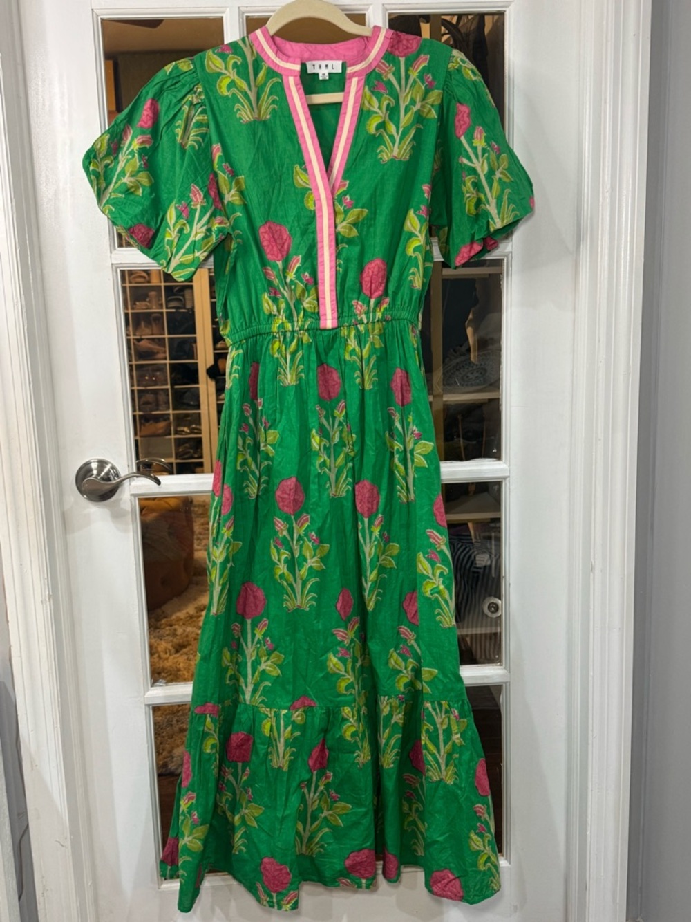 🌺🍋🟩THML Green Floral Maxi Dress with Pink Trim embroidered boho puff sleeve - Picture 4 of 10